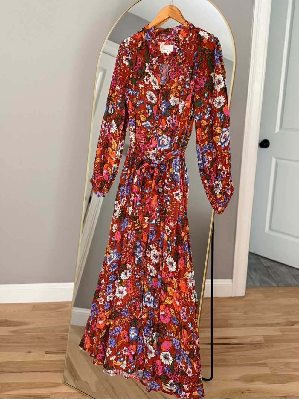 Anthropologie Rust Floral Tie-Waist Maxi Dress